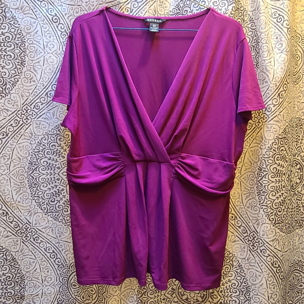 George Surplice Top Women XL Magenta Purple Ruched Draped V-Neck Short Sleeve